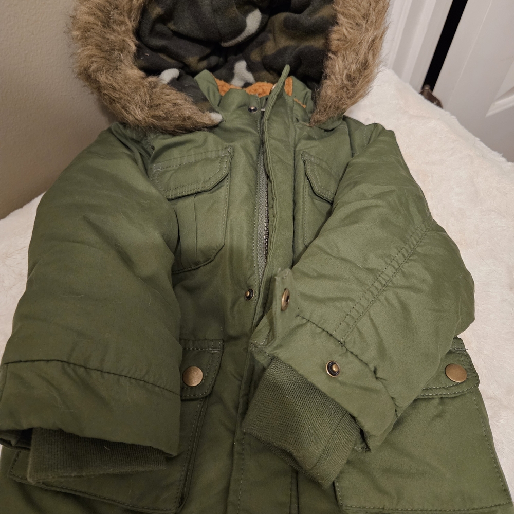 Kids Green Winter Jacket with Faux Fur Hood